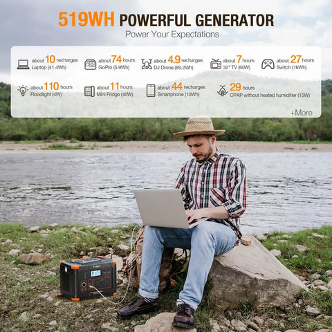Man using laptop by river with Off Grid Ready 519Wh Portable Power Station With 2 110V AC Outlets 500W Continuous Power Peak 1000W