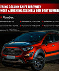 Steering column shift tube assembly advertisement banner above a red Ford SUV seen from the front-left angle.
