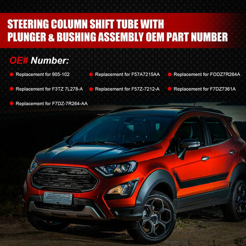 Steering column shift tube assembly advertisement banner above a red Ford SUV seen from the front-left angle.