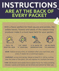 Instructions at the back of herb seed packet, detailing planting and harvesting for Herb Seed Variety Pack With 10 Culinary Seeds For Indoor And Outdoor Gardens Non GMO And Certified Organic Basil Cilantro Dill Thyme Parsley And More Cookin Flavor Ready For Your Kitchen.