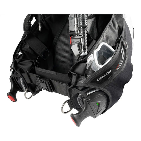 Close-up of Dragon SLS Weight System BCD with large cargo pocket, 420D Cordura material, showing durable design for scuba diving.