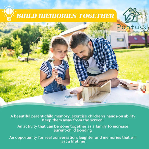 Father and daughter assembling Fun DIY Birdhouse Kit With Paint Set For Kids And Adults outdoors on a sunny day.