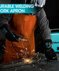 Person welding with sparks, wearing Leather Welding Apron 23x36 Inches Full Split Cowhide Heavy Duty Work Apron With 6 Tool Pockets