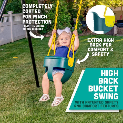 Toddler enjoys High Back Full Bucket Toddler Swing Seat With Finger Grip And No Pinch Plastic Coated Chains And Carabiners For Easy Install