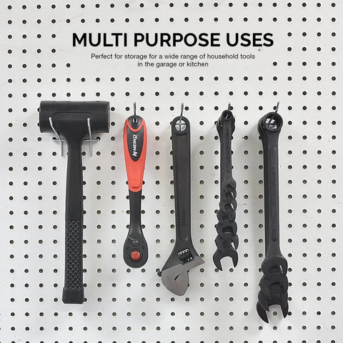 Tools hanging on pegboard with Eight Inch Pegboard Hook Organizer Kit With Fifty Hanging Hooks For Garage And Workshop Storage.