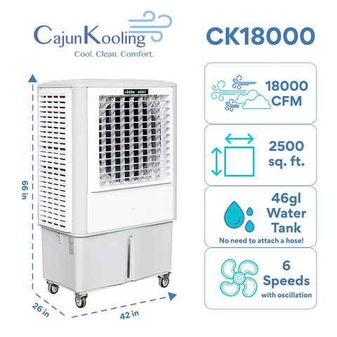 Heavy Duty Evaporative Air Cooler With Killer Cooling Power, Variable Speeds For Patios And Barns, Cools 2500 Square Feet Smooth, Huge Tank Keeps Your Place Super Chill All Summer Long, 42 in width.