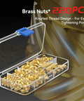 Heat Set Insert Tool Kit With 80W Soldering Iron 220 Brass Inserts And Heat Set Tips M2 To M8, clear case with brass inserts displayed
