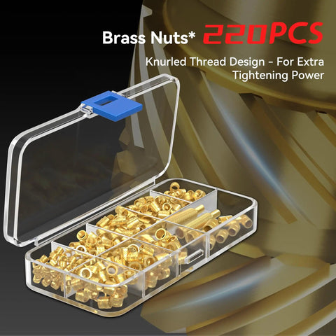 Heat Set Insert Tool Kit With 80W Soldering Iron 220 Brass Inserts And Heat Set Tips M2 To M8, clear case with brass inserts displayed