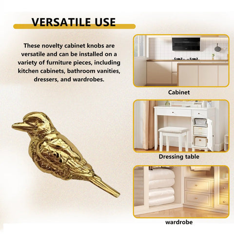 2 Pack Vintage Bird Cabinet Knobs in Brass Gold Finish, dope bird figurine drawer pulls for dresser, kitchen, laundry room.