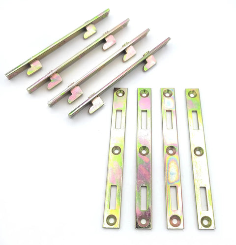 Heavy Duty Bed Rail Brackets Set Of 4 Quick Release Bed Post Fasteners Built Like A Tank For Stress Free Setup And Gonna Keep Your Frame Snug With Flawless Mortise Joint Alignment, showing four steel brackets.
