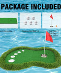 Floating Pool Golf Green Set With Realistic Grass Surface, Chipping Mat, Cup, Flag, Tee, And Five Practice Balls package contents shown.