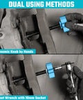 Heavy Duty Caliper Piston Compressor Tool with Brake Pad Spreader shown in use with ergonomic knob and 10mm wrench