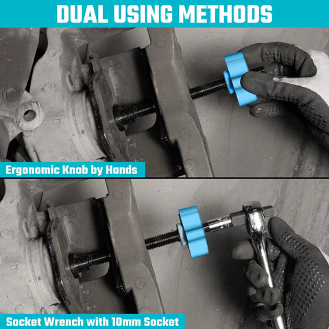 Heavy Duty Caliper Piston Compressor Tool with Brake Pad Spreader shown in use with ergonomic knob and 10mm wrench