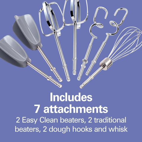 Kickass 6 Speed Electric Hand Mixer With Easy Clean Beaters And Snap On Storage Case For Bakers Seeking Smooth Performance And Zero Clogging Drama In The Kitchen includes 7 attachments like beaters and whisk.