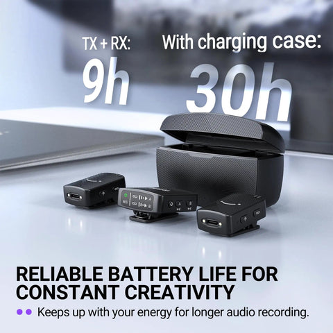 Wireless Lavalier Microphone System For iPhone Android And Cameras 2 Pack Cordless Lapel Mics With charging case, battery life