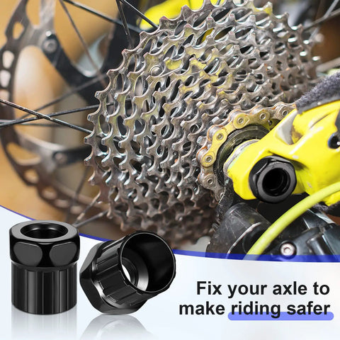 Close-up of Six Piece Bike Freewheel Remover Set for Mountain Cassettes 12 Spline 22mm Lockring Tool in use on bike wheel