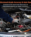 Person using Compact Digital Multimeter Tester With 5 Inch Touch Screen Auto Ranging TRMS 6000 Counts in car engine