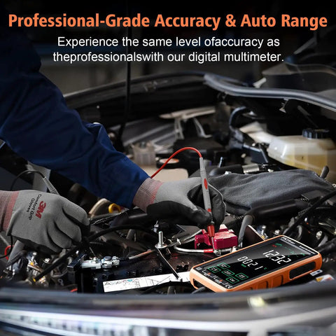 Person using Compact Digital Multimeter Tester With 5 Inch Touch Screen Auto Ranging TRMS 6000 Counts in car engine