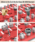 88 Size Thread Checker For Nuts Bolts And Pipe Threads With 6 NPT Sizes From One Sixteenth To Three Quarters Inch Includes 30 Metric Sizes M2x0.4 To M24x3.0 And 30 Standard Threads Quick Fit Gauge, red metal thread gauge with nuts, bolts, and drill bit