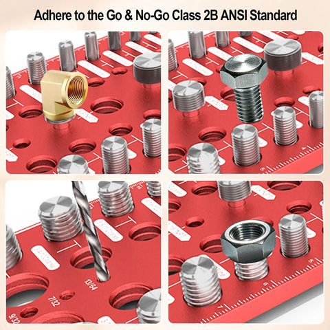 88 Size Thread Checker For Nuts Bolts And Pipe Threads With 6 NPT Sizes From One Sixteenth To Three Quarters Inch Includes 30 Metric Sizes M2x0.4 To M24x3.0 And 30 Standard Threads Quick Fit Gauge, red metal thread gauge with nuts, bolts, and drill bit
