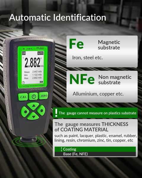 Pro Grade Paint Thickness Gauge For Auto Detailing And Inspections, 0-2000µm Range With 0.001 Mil Resolution, Fe/NFe Auto Detection, USB Data Export, Real World Coating Check For Repaints And Car Coating Condition. Handheld gauge on metal substrate