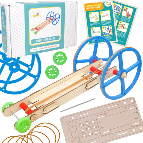 Hands On Rubber Band Powered Car Kit For Classroom STEM Projects Kids Build And Race DIY Wooden Cars components displayed