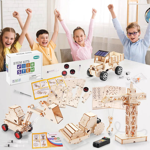 4 In 1 Wood Building STEM Kit For Kids 8 To 12 With Tower Crane Hydraulic Loader Solar Powered Truck And Road Roller view