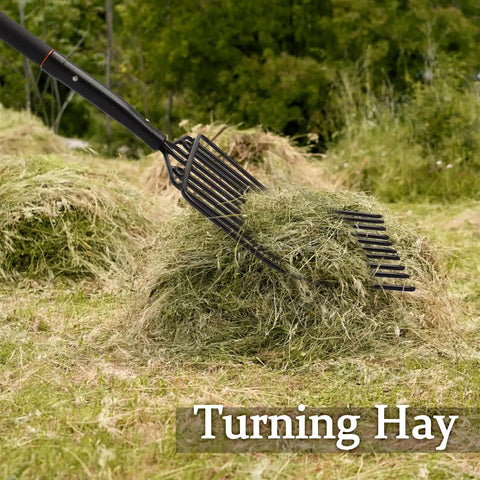 Built Tough Pitch Fork With 10 Tines And Non Slip Handle For Mulching And Garden Cleanup 45 Inch Curved Head Garden Fork in use turning hay