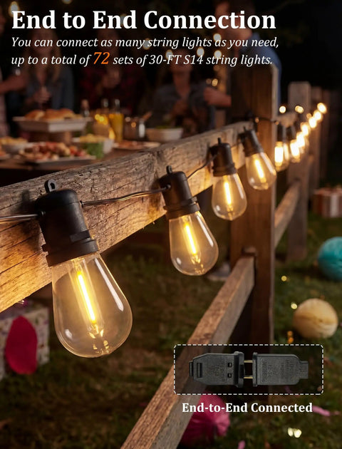 30Ft S14 Patio String Lights With 11 Clear LED Bulbs Plus 1 Spare, Waterproof UL Listed hanging on wooden fence at night