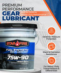 Heavy Duty Full Synthetic Gear Oil 75W-90 GL-5 Differential Fluid For Trucks And Semis 5 Gallon Pail on display with branding and features.