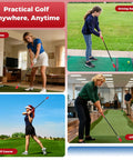Golfers using Click Stick Golf Swing Trainer With Audible Feedback indoors, outdoors, at home, office, and driving range for practice.