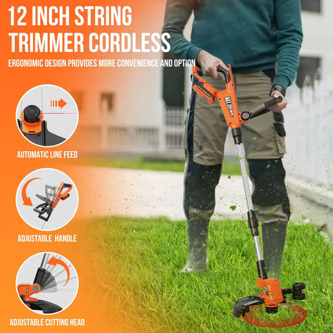 Person using a 12-inch string trimmer cordless featuring adjustable handle and automatic line feed for convenience
