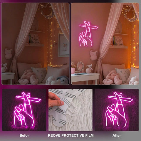 Room with Pink LED Hand Neon Sign For Wall Decor USB Powered Nail Room And Girls Room Neon Light, soft glow on pink walls.