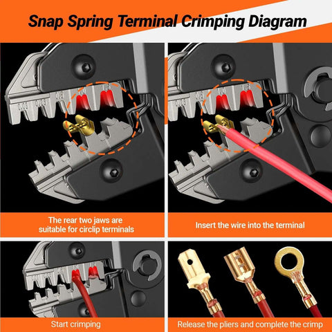 Diagram showing snap spring terminal crimping process with Pro Grade Heavy Duty Five In One Wire Crimping Tool for Dupont and open barrel terminals.