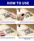 Steps showing Heavy Duty Disposable Shower Drain Hair Catcher with Extra Tacky Waterproof Mesh for easy setup and use.