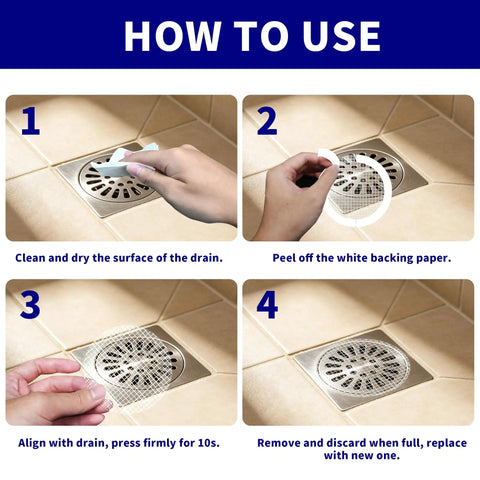 Steps showing Heavy Duty Disposable Shower Drain Hair Catcher with Extra Tacky Waterproof Mesh for easy setup and use.