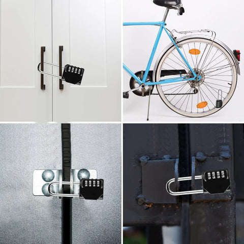 4 Digit Combination Padlock For School And Gym Lockers No Key Needed Long Shackle Resettable 10 Pack Black Durable Metal Security Lock For Fence Toolbox Case And Cabinets in use on cabinet, bike, gate and fence.
