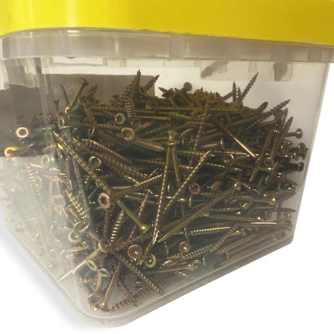 Contractor Favorite Heavy Duty Wood Construction Screws Size Nine By Three Inch in a clear container, 1000 count bulk spool.