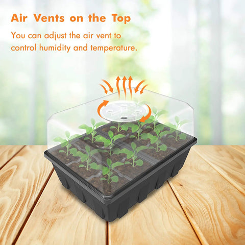 3 Pack Seed Starting Tray Set With 36 Cell Germination Trays And Adjustable Humidity Vented Dome, Pro Grade Plant Starter Kit, 6.6 By 4.5 Inch Black, Durable Plastic For Faster Seed Germination shown with air vents open.