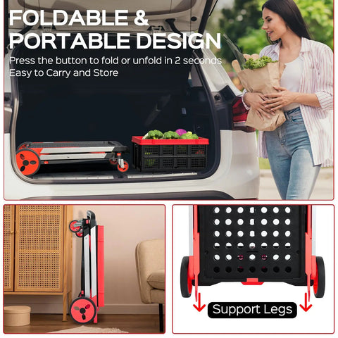 Collapsible Shopping Cart With Wheels 200 Lb Capacity in car trunk, red storage crate with vegetables, foldable design displayed.