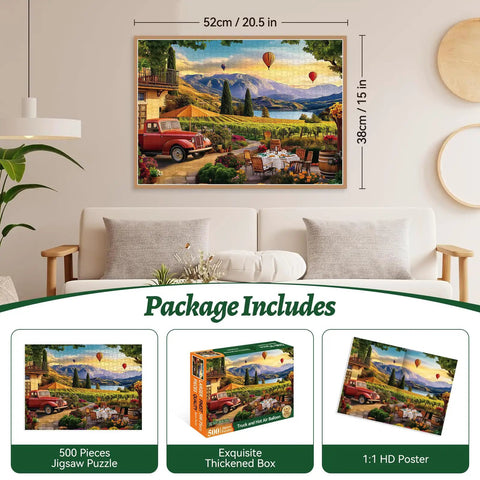 Chill 500 Piece Jigsaw Puzzle For Adults Featuring Scenic Vineyard With Hot Air Balloons And A Red Truck Perfect For Unwind Sessions Family Or Teen Puzzle Nights Recycled Cardboard 20.5 By 15 Inches displayed on wall