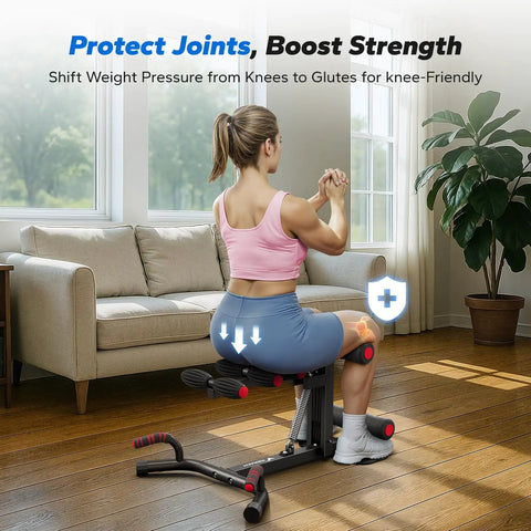 Adjustable Blue Steel Squat Assist Frame For Glute And Quad Growth Heavy Duty Beast Mode Leg Day Crusher With Four Resistance Levels in use at home.
