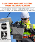 Worker using a Bucket Truck Tool Bag With Tool Tethering Attachment Points Large For Aerial Work Platforms ANSI Certified to 20 LB Static Load