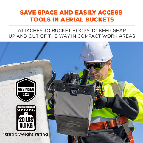 Worker using a Bucket Truck Tool Bag With Tool Tethering Attachment Points Large For Aerial Work Platforms ANSI Certified to 20 LB Static Load