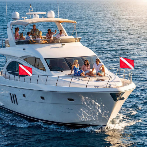 Boat with passengers displaying dive flags, Two Pack Lobster Clam Mesh Dive Bags With Dive Flags 20 By 24 Inches visible on deck