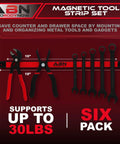 Magnetic Tool Strip Set 18 Inch Heavy Duty Tool Bar Garage Organizer Rack 6 Pack Large Magnet Bars displaying various tools.