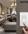Hand adjusting dimmer in living room, 10 Pack Dimmer Switches for Single Pole or 3 Way No Flicker Dimming, UL Listed, White.