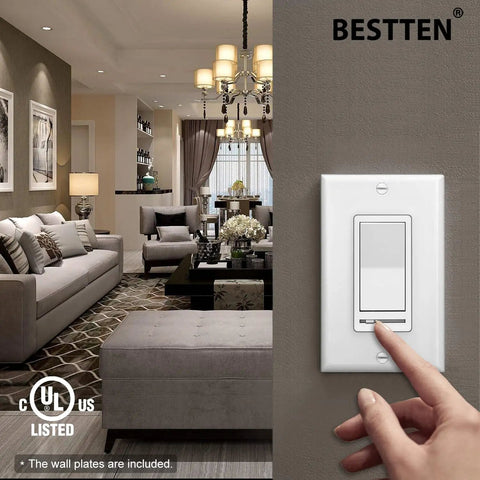 Hand adjusting dimmer in living room, 10 Pack Dimmer Switches for Single Pole or 3 Way No Flicker Dimming, UL Listed, White.