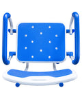 Top view of blue Shower Safety Chair With Backrest And Foam Padding, Adjustable Height Bath Bench With Swing Armrests.