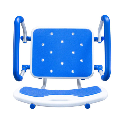 Top view of blue Shower Safety Chair With Backrest And Foam Padding, Adjustable Height Bath Bench With Swing Armrests.